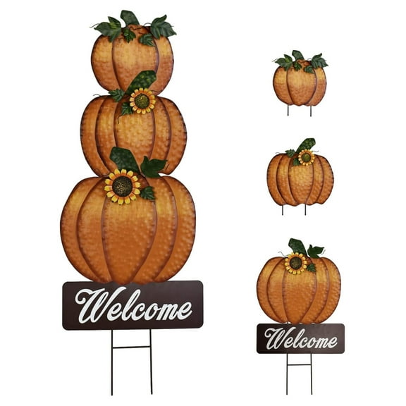 Fall Decor Metal Pumpkin Stake Decorative Welcome Sign Stacked Pumpkins Yard Signs Outdoor Autumn Thanksgiving Harvest Decor for Lawn Garden Porch Patio