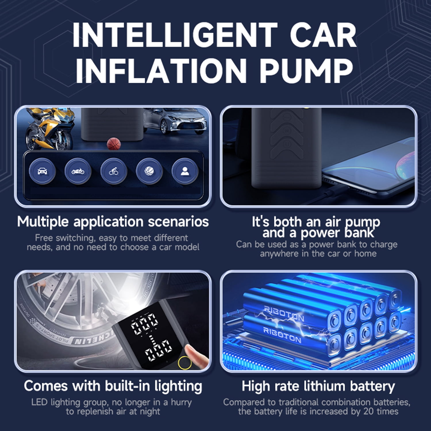 Portable Tire Inflator - Cordless Air Compressor with 150 PSI, 10000mAh Rechargeable Battery, Digital Pressure Gauge, LED Light, Auto Shut-Off for Cars, Bicycles, Motorcycles, and Sports Balls