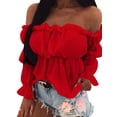 thumbnail image 2 of hirigin Women Summer Long Sleeve Tops, Off Shoulder Solid Color Blouse, Flare Bell Sleeve Loose Shirt, 2 of 3