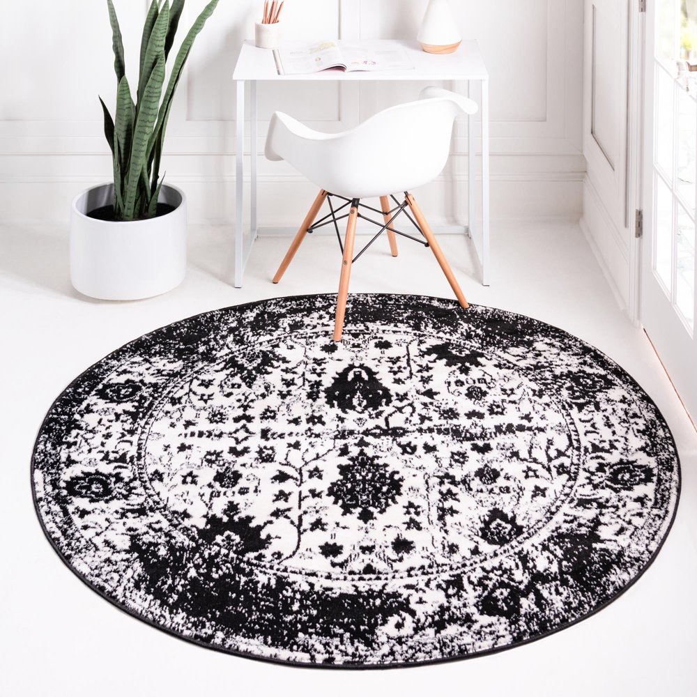 Oregon Collection Rug 3 Ft Round Black And White LowPile