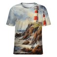 thumbnail image 5 of Lighthouse Sunrise Coast Scenery Pale Blue Tan Womens Tops Women's Fashion Casual Short Sleeve Flower Print Round Neck Pullover Top Blouse, 5 of 6
