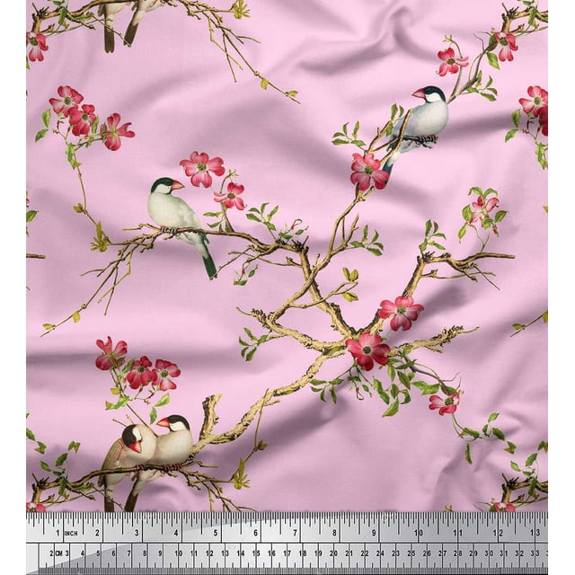 Soimoi Pink Poly Georgette Fabric Floral & Franklin Gull Bird Printed Fabric 1 Yard 52 Inch Wide