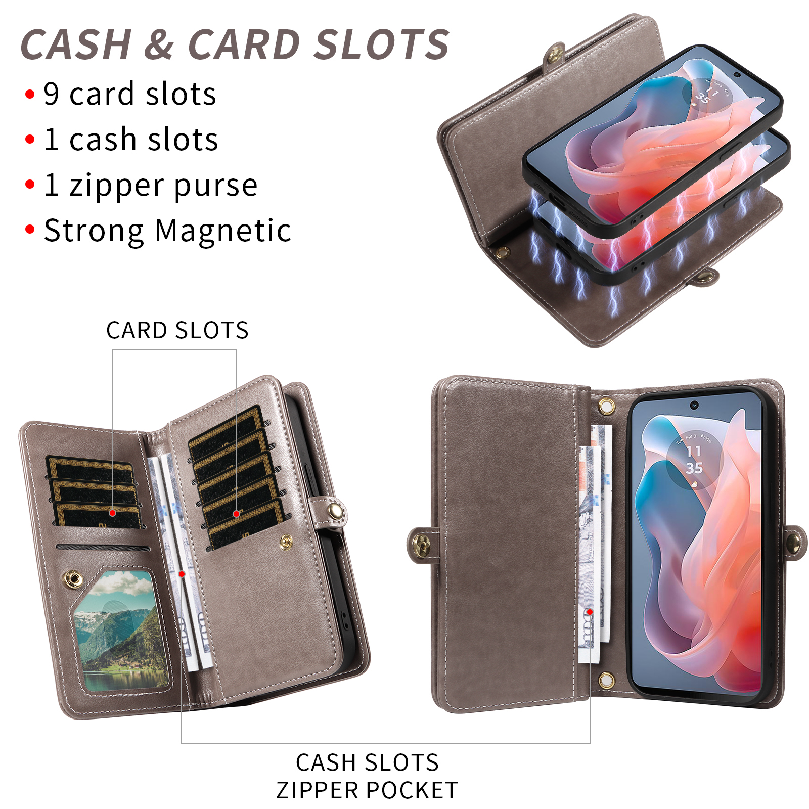 Asuwish Phone Case for Motorola Moto G Play 4G 2024 Zipper Wallet Detachable Cell Cover with Tempered Glass Screen Protector Crossbody Strap Flower Flip Card Holder XT2413V XT2413-1 64GB Women Gray