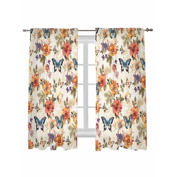 Spring Floral Curtains 63 Inch Length, Sheer Curtains for Bedroom Living Room Window Colorful Vintage Botanical Butterfly Rod Pocket Voile Drapes Kitchen Curtains Small Half Window 42"x63" 2 Panels