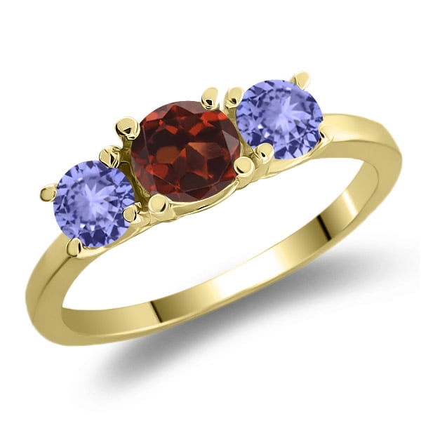 1.20 Ct Round Red Garnet Blue Tanzanite 18K Yellow Gold 3-Stone Ring by
