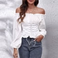 thumbnail image 2 of Tops de camisa de gasa de manga larga con cuello unidireccional de farol elástico con espalda sólida con cordones para mujer a la moda Pompotops  gfhjh21344, 2 of 8