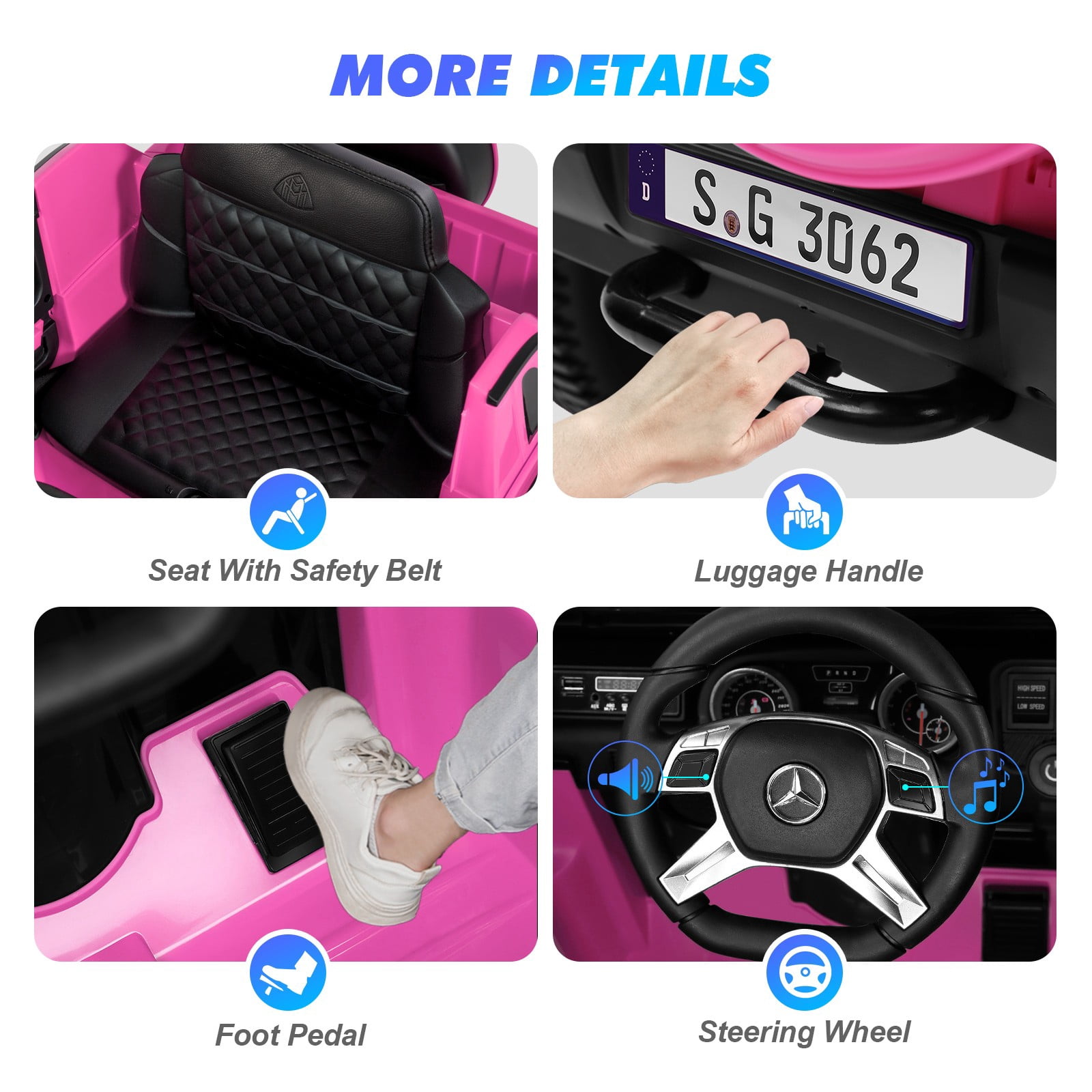 JOYLDIAS 12V Mercedes-Benz G650S Kids Ride On Car Electric Toy w/Remote Control, 3 Speeds, LED Lights, Bluetooth, Music(Pink)
