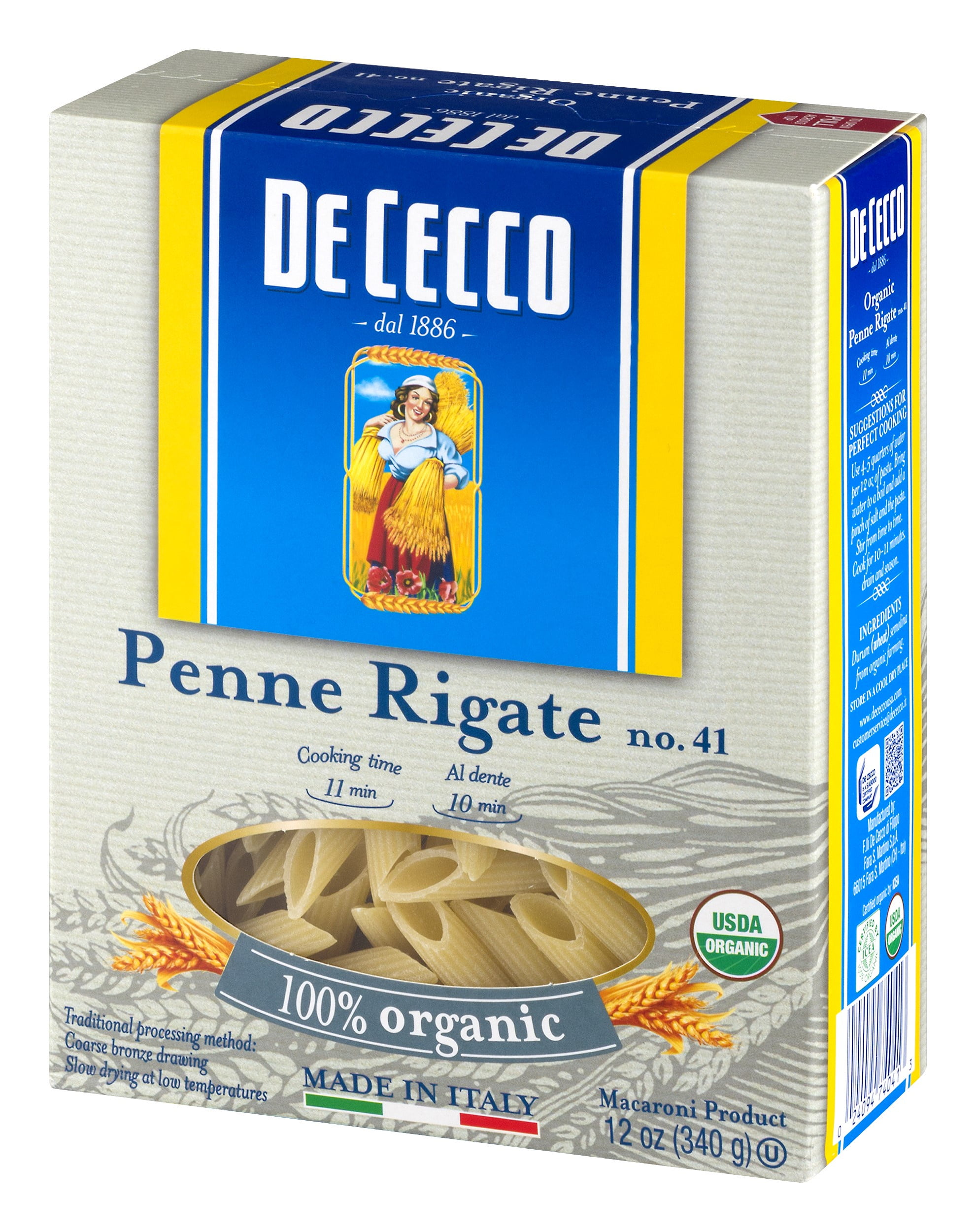 De Cecco 100% Organic Penne Rigate No.41 Pasta, 12 oz, Gluten-Free