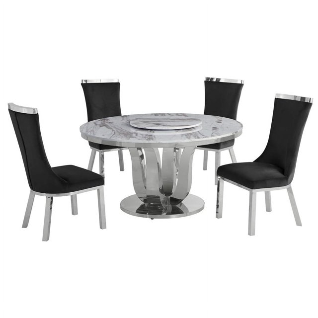 Ensemble de Salle à Manger 5pc en Marbre Blanc Rond avec Acier Inoxydable Argenté et 4 Chaises