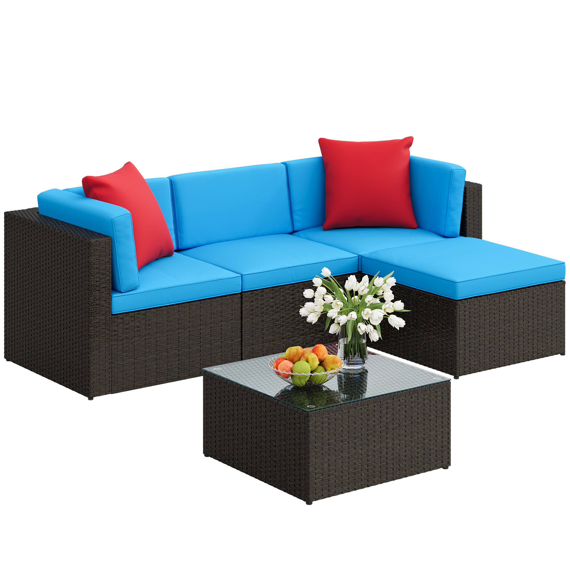 Lacoo 5 PCS Patio Outdoor Furniture Wicker Sectional Sofa with Cushion, Blue