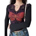 thumbnail image 6 of Women's Notched V Neck Tops Vintage Butterfly Print Long Sleeve Slim Fit T-Shirt Casual Blouse, 6 of 10