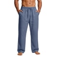 thumbnail image 2 of Mifsaly Cotton Linen Pants for Men Wide Leg Summer Casual Trousers Elastic Waist Drawstring Lightweight Breathable Beach Pant with 4 Pockets S, 2 of 9