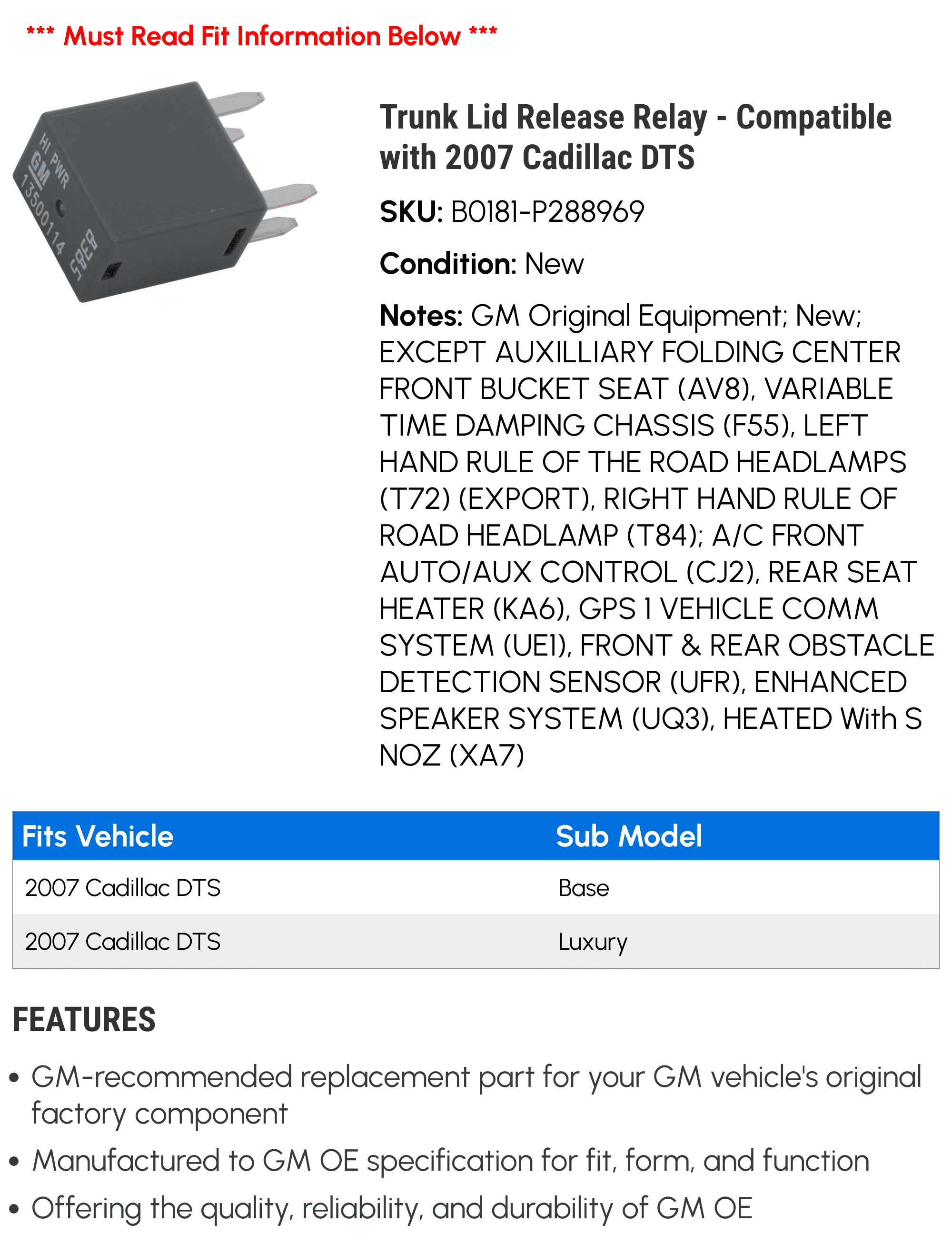 Trunk Lid Release Relay - Compatible with 2007 Cadillac DTS