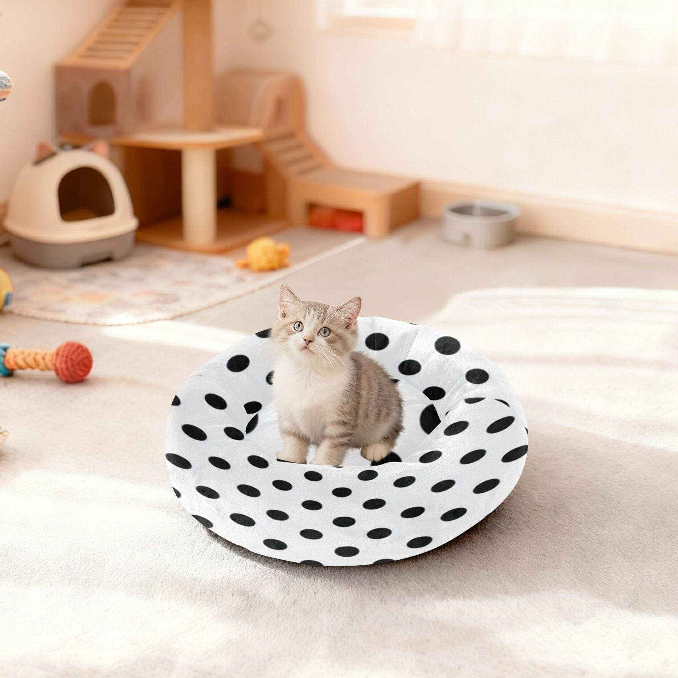 Iauyy Pet Couch Donut Cat Bed for Indoor Cats/Small Dogs Washable & Machine with Non-slip Bottom Calming Cat Furniture, Minimalist Black and White Dots (M)
