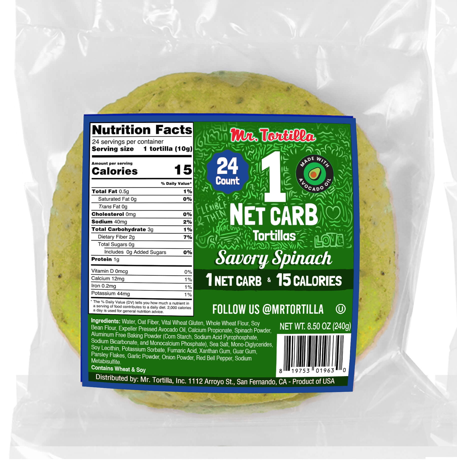 Mr. Tortilla 1 Net Carb Tortilla Wraps (24 Tortillas) Keto, Low Carb, Low Calorie, Vegan