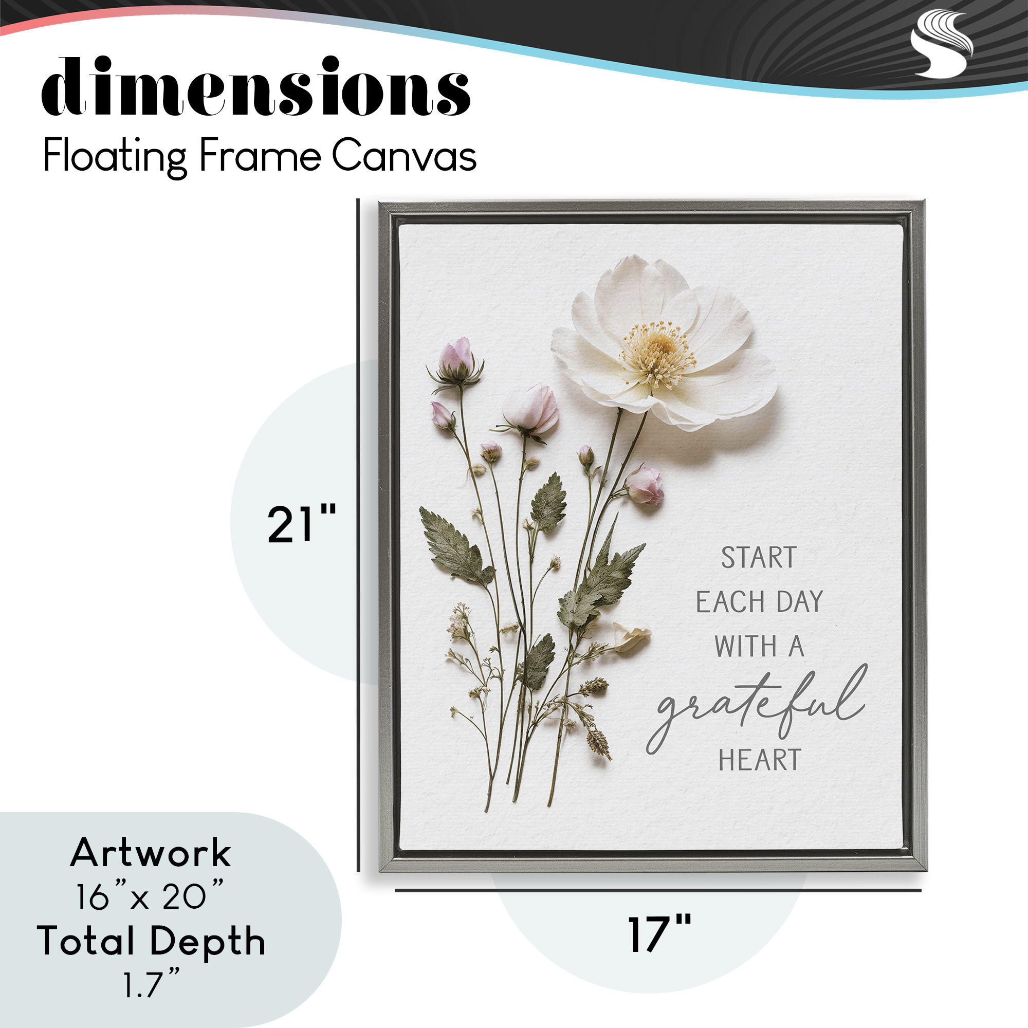 Grateful Heart Pressed Flowers Gray Framed Floater Canvas Wall Art, design by Lettered and Lined