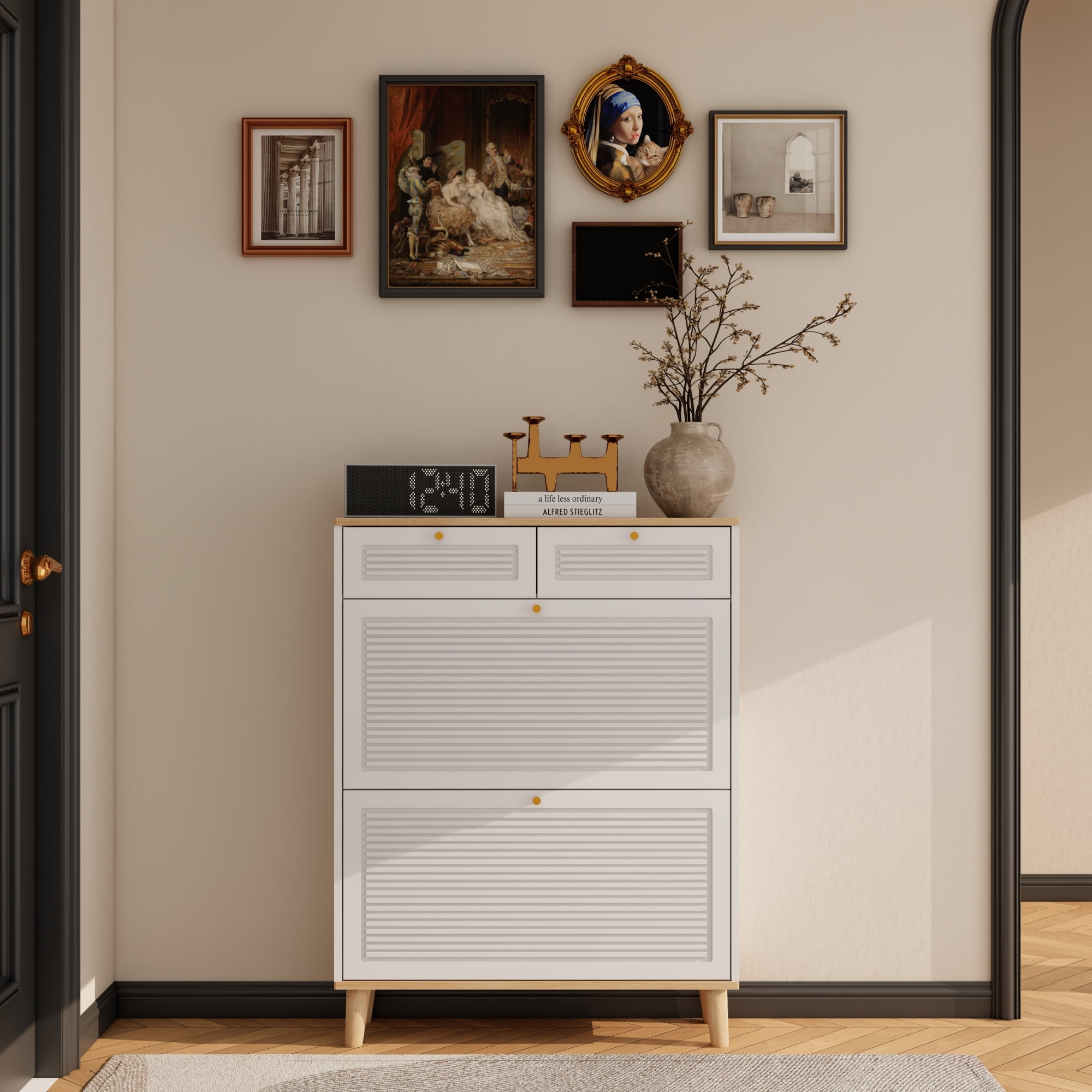 Leumius Shoe Cabinet with 2 Flip-up Doors and 2 Drawers,Narrow Shoe Rack Cabinet,Freestanding Shoe Organizer,Shoe Organizer for Entryway Narrow Hallways