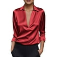 thumbnail image 3 of yoeyez Womens Soft Satin Silk Shirts Elegant Deep V Neck Collar Blouse Rolled Long Sleeve Work Shirt Silky Dress Blouses Tops, 3 of 7
