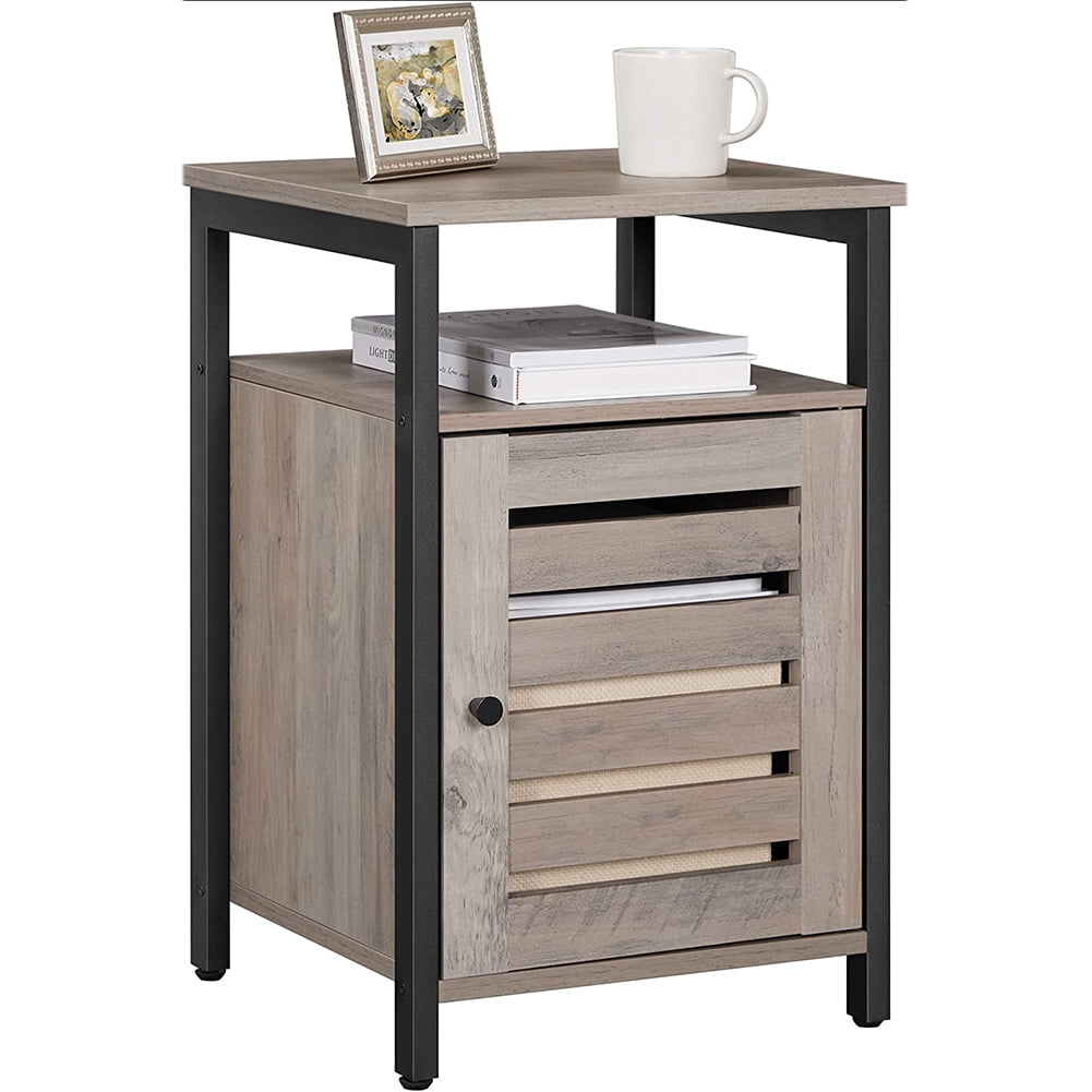 Kadyn End Table, Steel Side Table with Open Shelf and Door, Inner Adjustable Shelf, Bedside End Table for Bedroom, Greige and Black Kadyn End Table, Steel Side Table with Open Shelf and Door, Inner Adjustable Shelf, Bedside End Table for Bedroom, Greige and Black