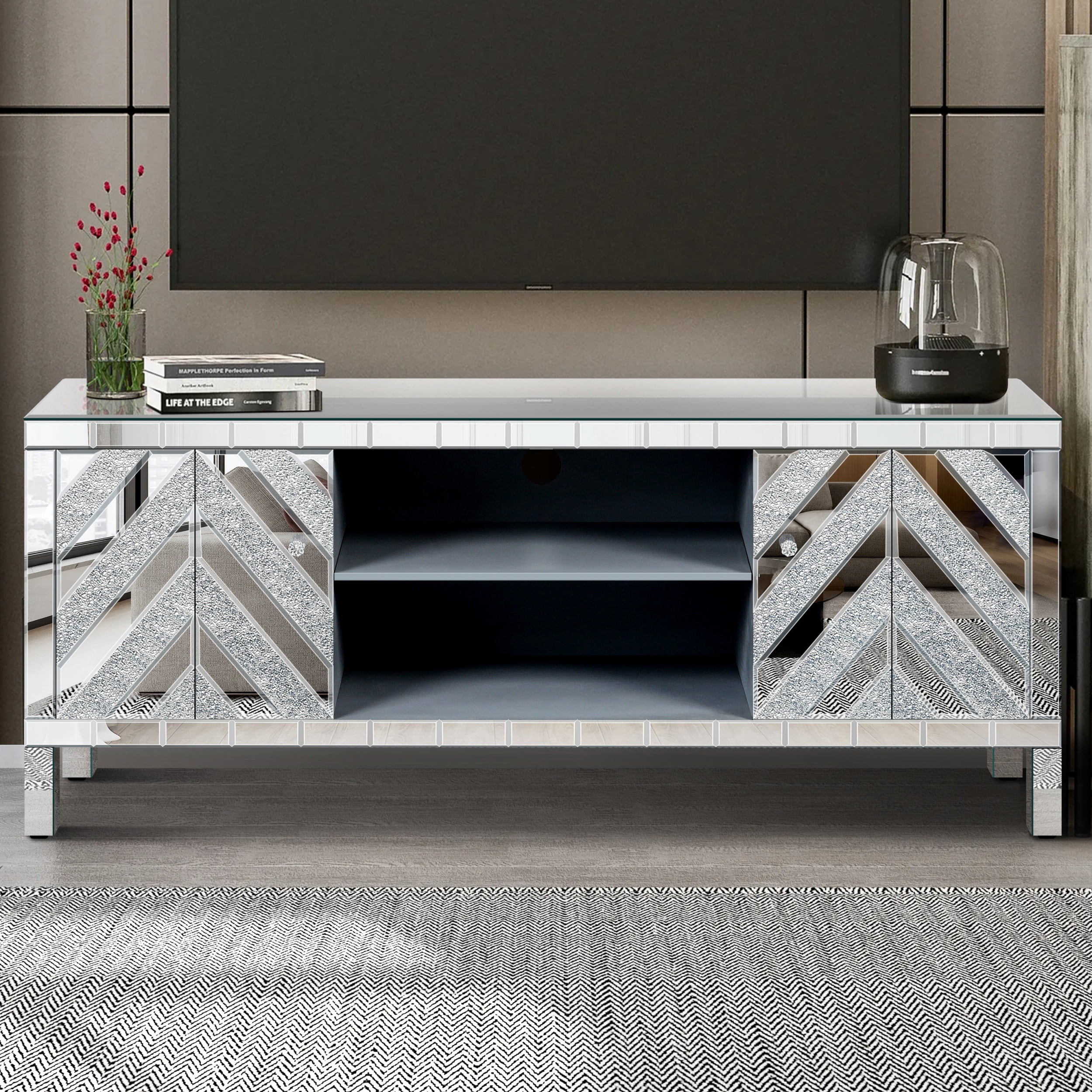 Atumcto Mirrored TV Stand for 65in TV, Silver Console with Storage Cabinets and Shelves, Modern Glam Entertainment Center for Living Room
