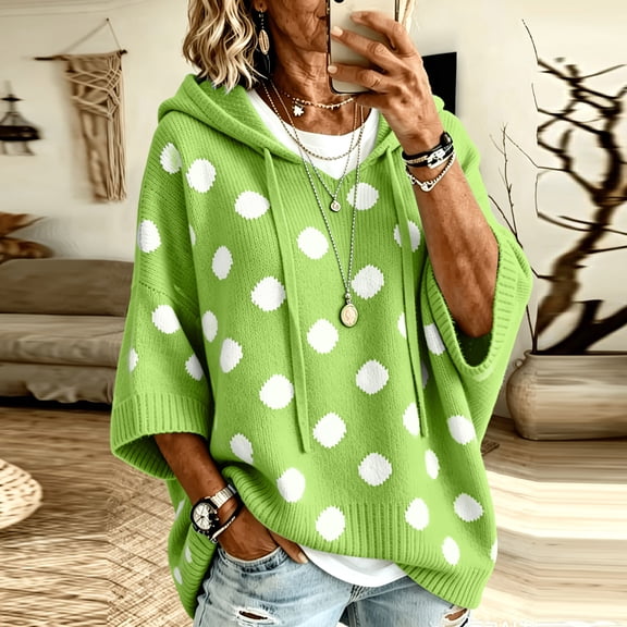 Women's Polka Dot Hooded Knit Sweater Adjustable Drawstring 3/4 Batwing Sleeve Oversized Loose Ribbed Drop Shoulder Soft Comfy Trendy Winter Tops