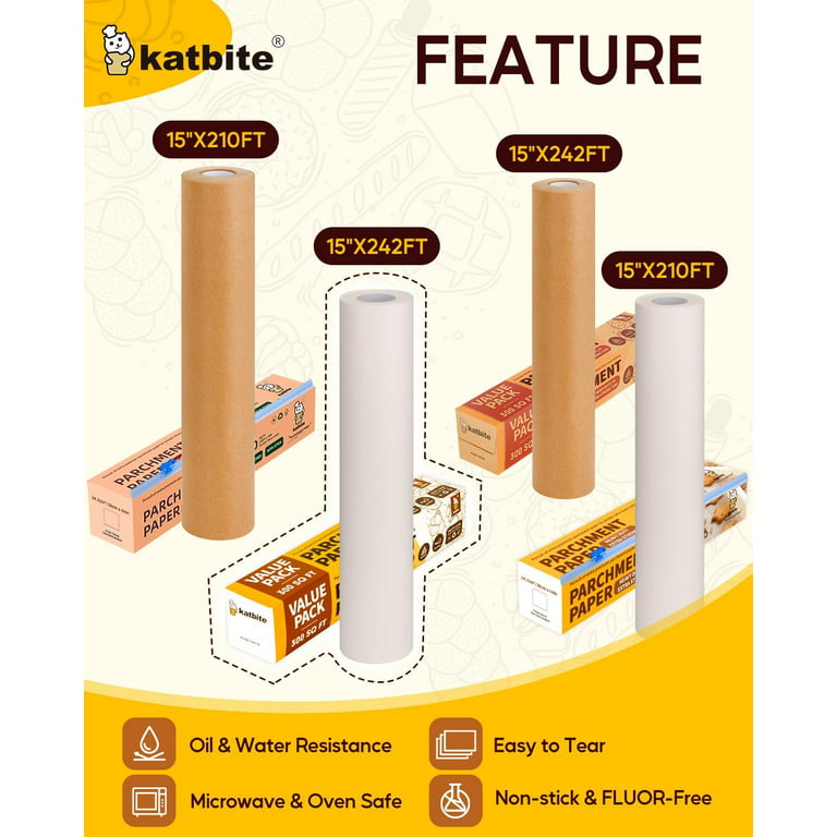 Katbite Value Pack Parchment Paper Roll Heavy Duty & Non-stick Parchment  Paper Roll with Serrated Cutter,15in x 242ft, 300 Sq.Ft,Wihte