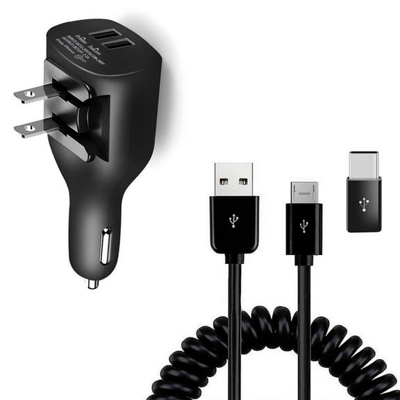 Coiled USB Cable 2-in-1 Car Home Charger for Samsung Galaxy A15/A14 5G Phones - Micro-USB to USB-C Adapter Charger Cord Power Wire Black for Galaxy A15/A14 5G