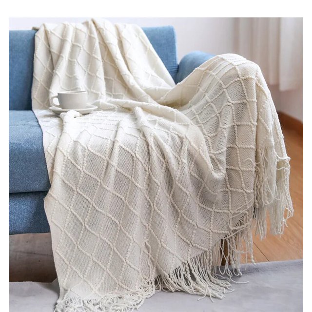 Inyahome-Manta de punto con borlas para sofá y cama, cobertor ligero y decorativo de granja, tejido suave y acogedor