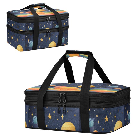 Large Double Decker Insulated Casserole Carrier Expandable 2-Layer Thermal Food Tote Bag Whimsical Space Cute Art Hot Cold Pizza Lasagna Holder for Potluck Picnic Party Camping