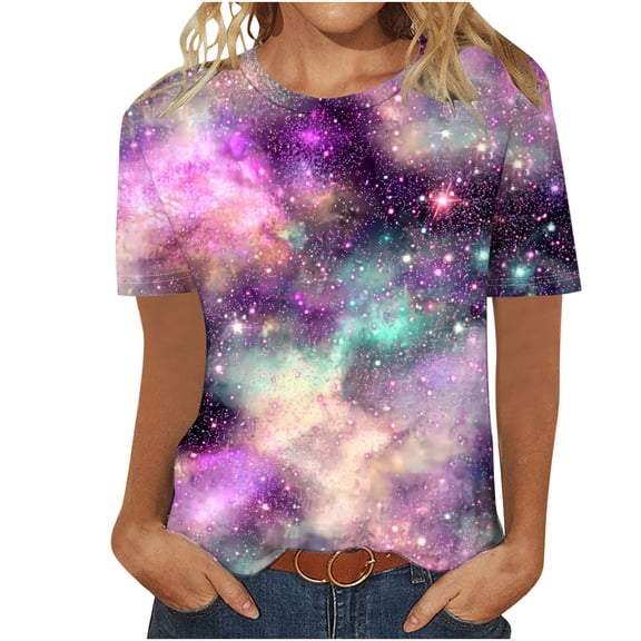 DailyTrove Womens Pink Purple Nebula Print Short Sleeve T-Shirt - Loose Fit Casual Daily Wear,Purple,XXXL