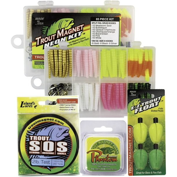 Leland's Lures Trout Magnet Ultimate Bundle, Fishing Equipment and  Accessories, 85 Piece Neon Grub Kit, 350 yd Trout 