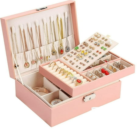 LEEYNEER Jewelry Box for Women Girls Gift Travel Jewelry Organizer Large 2 Layer with Removable Tray PU Leather Velvet Display Jewellery Holder with Lock for Necklace Earrings Rings Bra