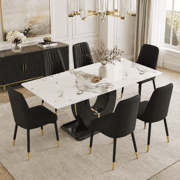 JUFU Dining Table Set for 6, 71'' White Marble Dining Table and Chairs, Modern Kitchen Table Set for 6,with 6 Black PU Leather Upholstered Dining Chairs, Dinner Table Set for Dining Room