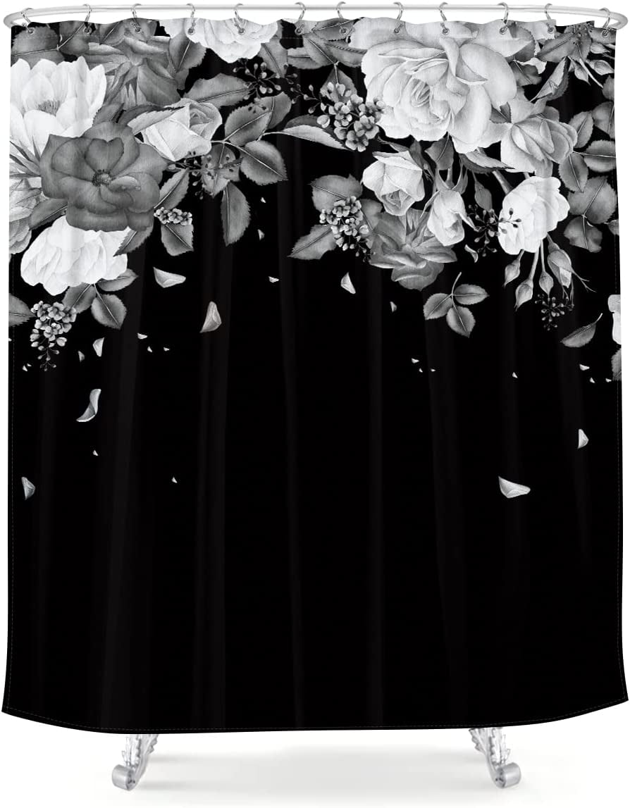aoselan Black Floral Shower Curtain 36Wx72H Inches White Gray Roses