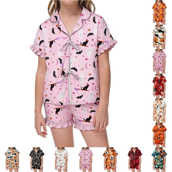 JAJAHO Girls Pajamas Sets Halloween Sleepwear Sizes 3-13 Tie Front Ruffle Short Sleeve Top Shorts 2 Piece Set