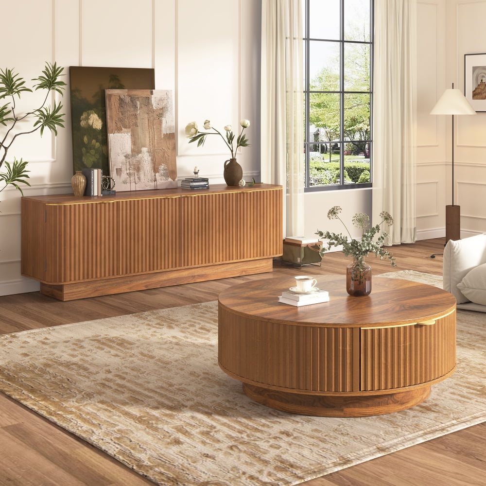 Matching Living Room Set – Round Coffee Table and TV Console with Fluted Design and Golden Handles Modern Wood Furniture Bundle with Storage Brown MDF 2-Piece Set for Contemporary Homes Easy Asse