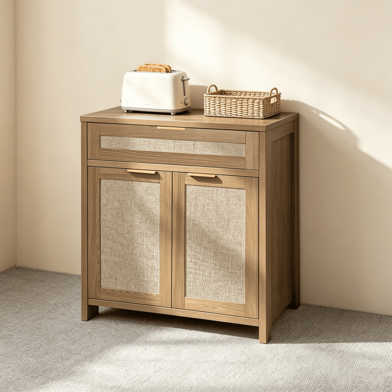 Rattan Sideboard Buffet Cabinet, Farmhouse Storage Cabinet with Adjustable Shelf, Boho Kitchen Buffet Cabinet with Drawer for Dining, Kitchen, Entryway, Living Room, Wood