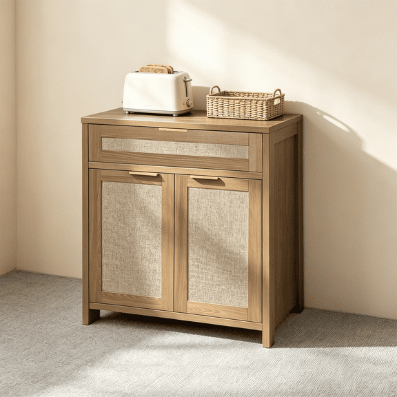 DRNANLIT Rattan Sideboard Buffet Cabinet with Gold Handles - Multi-Functional Storage Cabinet for Dining Room, Living Room, Entryway (Bohemian, Solid Wood Finish, Adjustable Shelves)