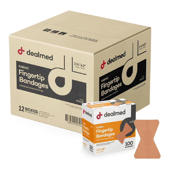 Dealmed Fingertip Adhesive Bandages with Sterile Non-Stick Pad, Flexible, Breathable and Strong Fabric 1 3/4" x 3", 100/Box (Case of 12)