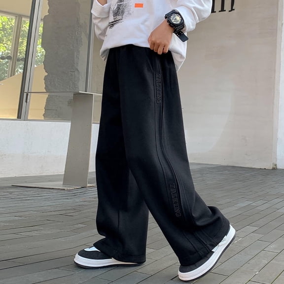 Boys Wide Leg Sweatpants - Black Elastic Waist Kids Casual Pants, Stretchy Comfortable Bottoms for School Play Weekend, Sizes 5-15 Years,Size 9-10 T