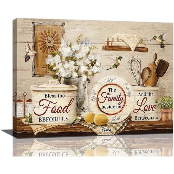 Vintage Farmhouse Kitchen Food Decor Wall Art Rustic Country Hummingbird Cotton Family Pictures Wall Decor Canvas Painting Prints Artwork Home Decorations Framed for Kitchen Dinning Room 16"x12"