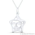thumbnail image 1 of 5-Pointed Smiling Face Star Celestial Charm 30x20mm (1.2x0.8in) Pendant & Chain Necklace in .925 Sterling Silver, 1 of 1