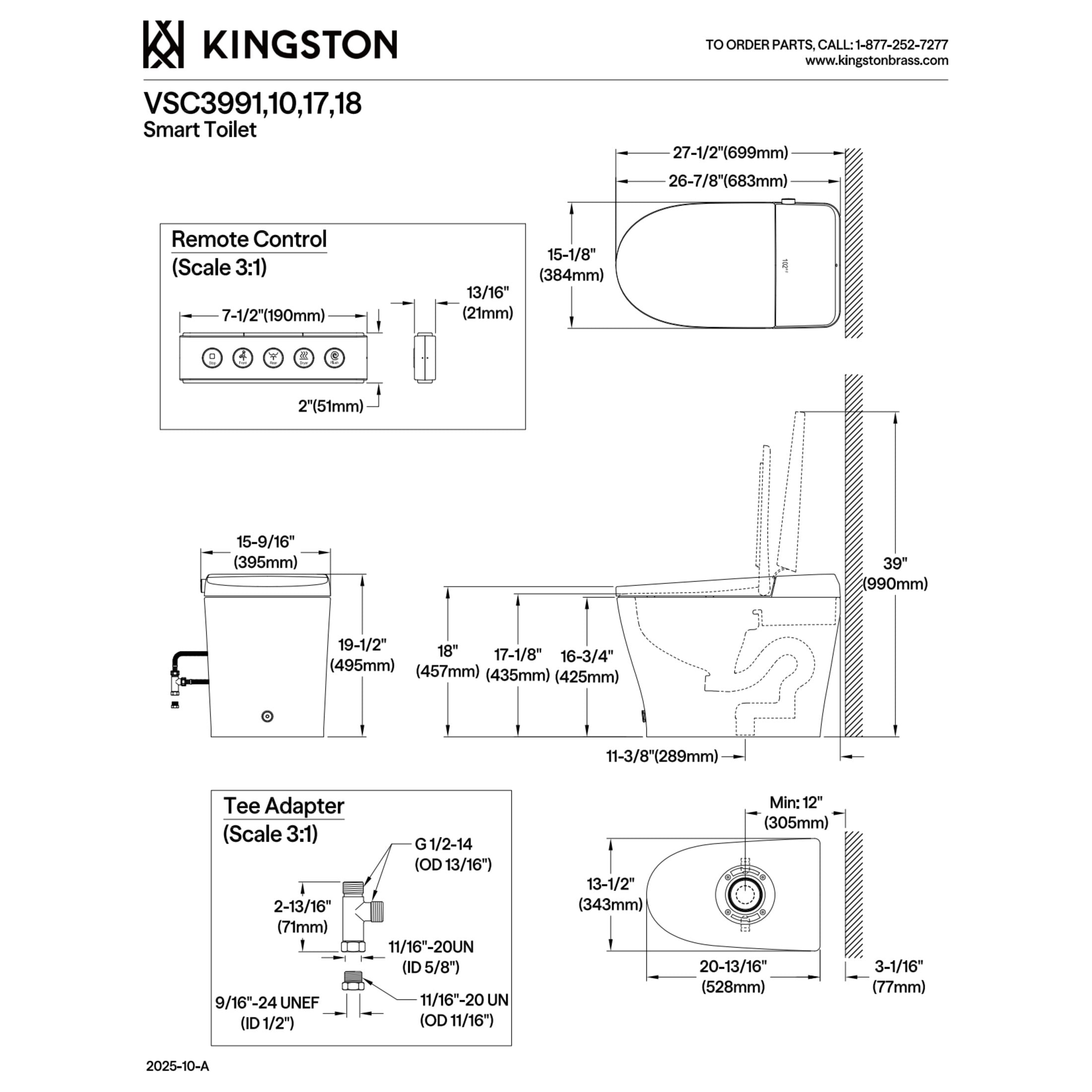 Kingston Brass VSC39917 Edison Smart Toilet, White/Brushed Brass