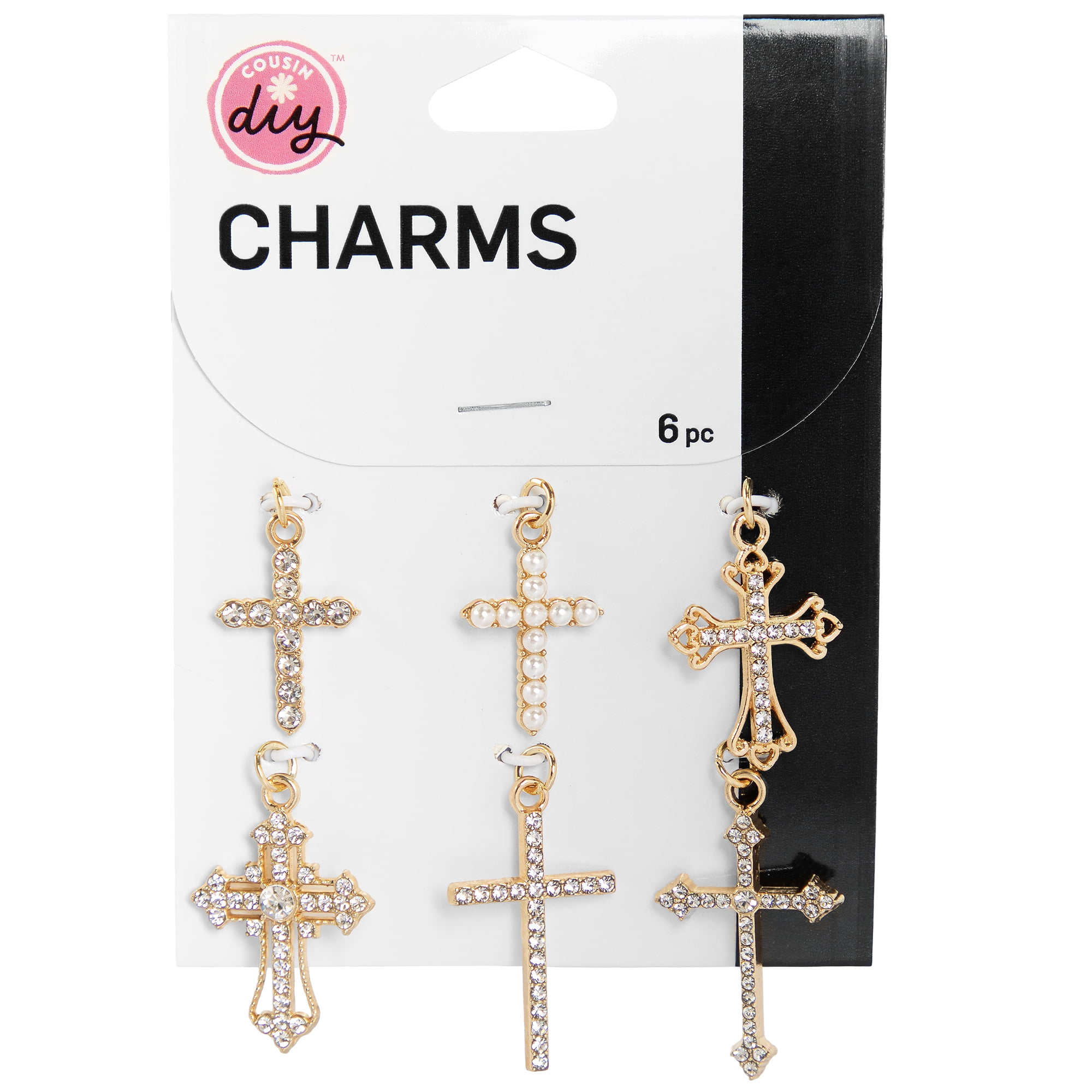 CousinDIY Charm Rhinestone Crosses, 6 Pieces, Silver Tone Religious Jewelry Making Charms