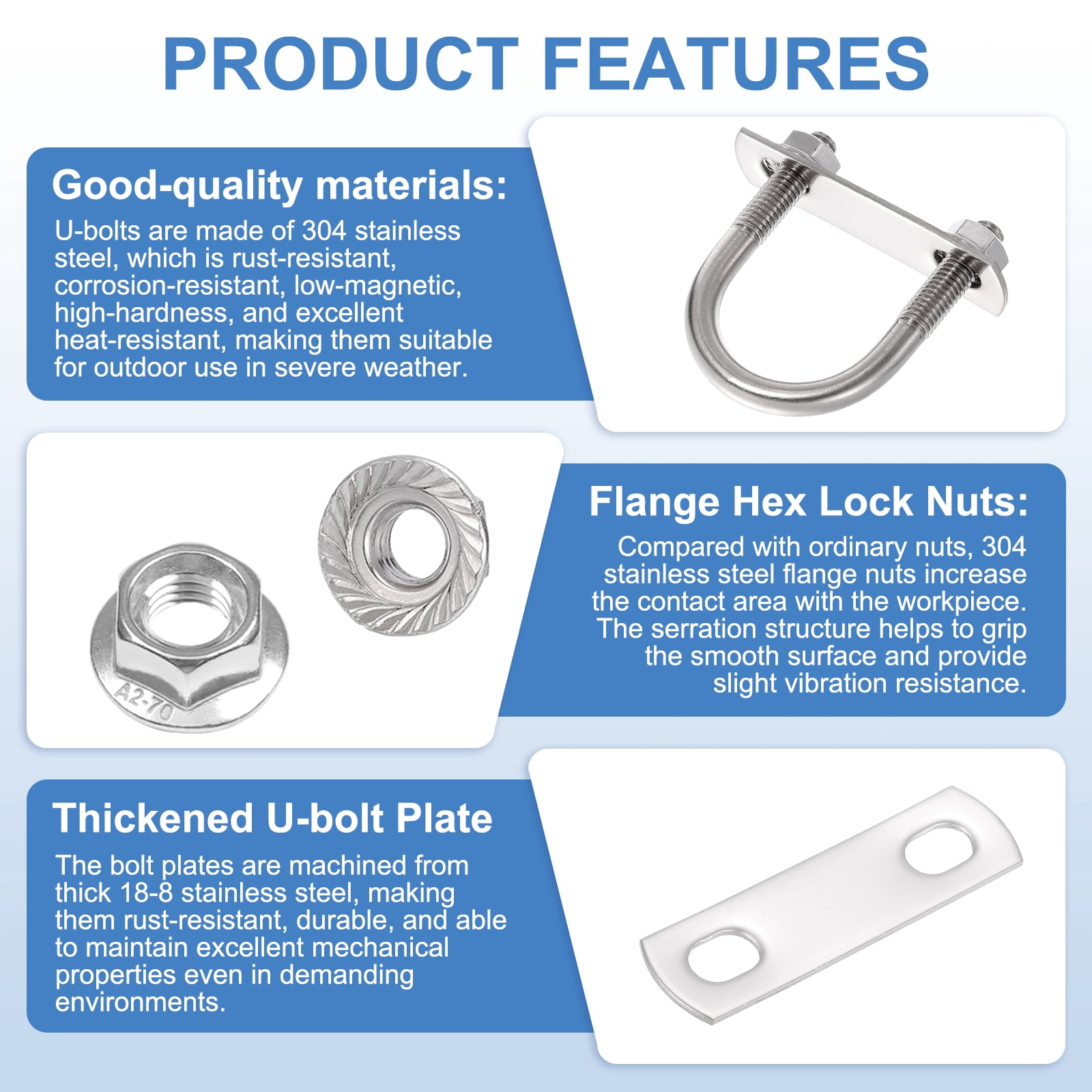 Uxcell 4 Set 1-5/16" Inner Wide Round U Bolts,  2-3/8" Length 304 Stainless Steel U-Bolts with Flange Hexagon Nuts, Frame Plates for Trailer, Automotive, (33mm W x 61mm L)