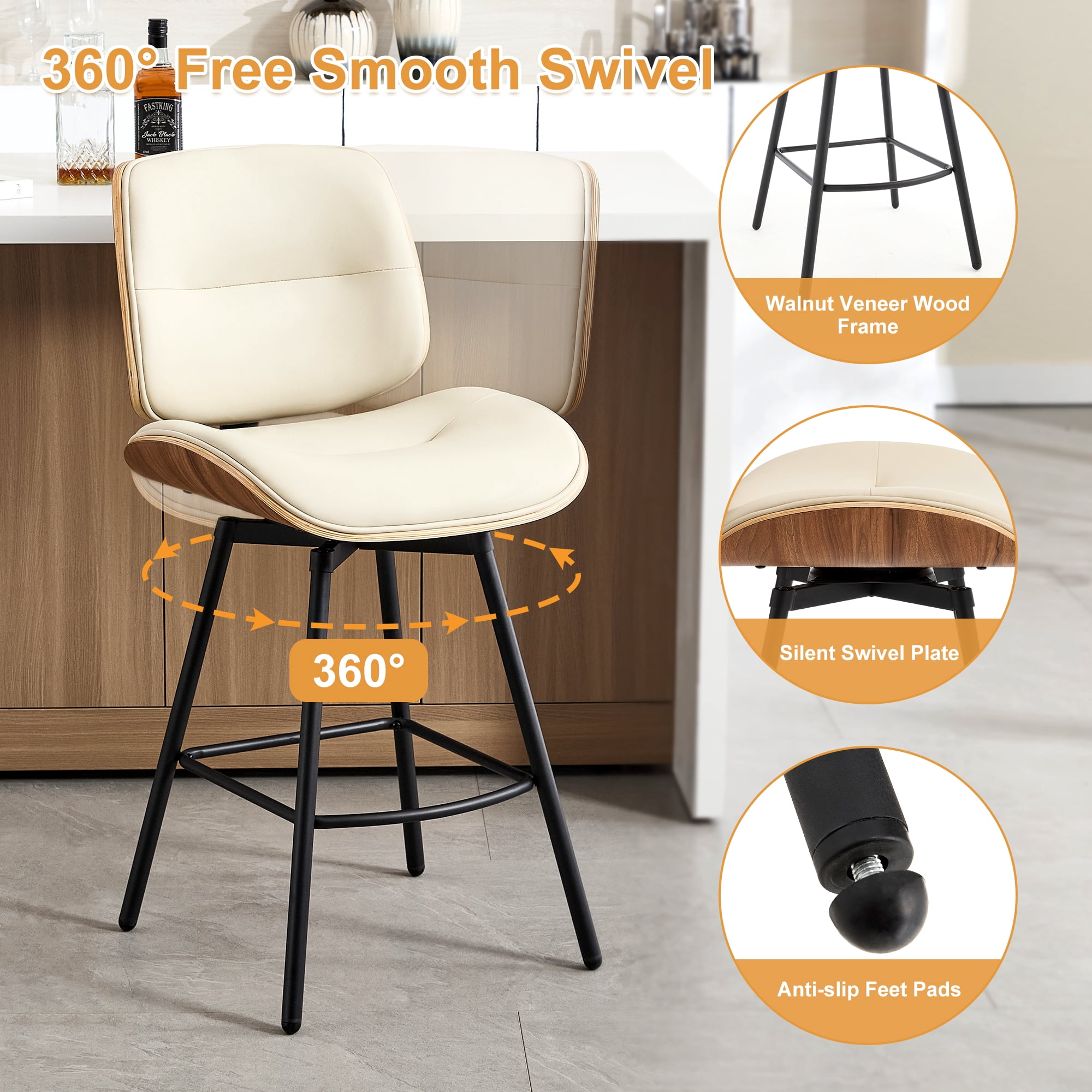 Counter Height Bar Stools Set of 4, 26" Swivel PU Leather Upholstered Bar Stools with Walnut Backs and Metal Legs, Retro Counter Stools for Kitchen Island, Dining Room, Pub, Beige