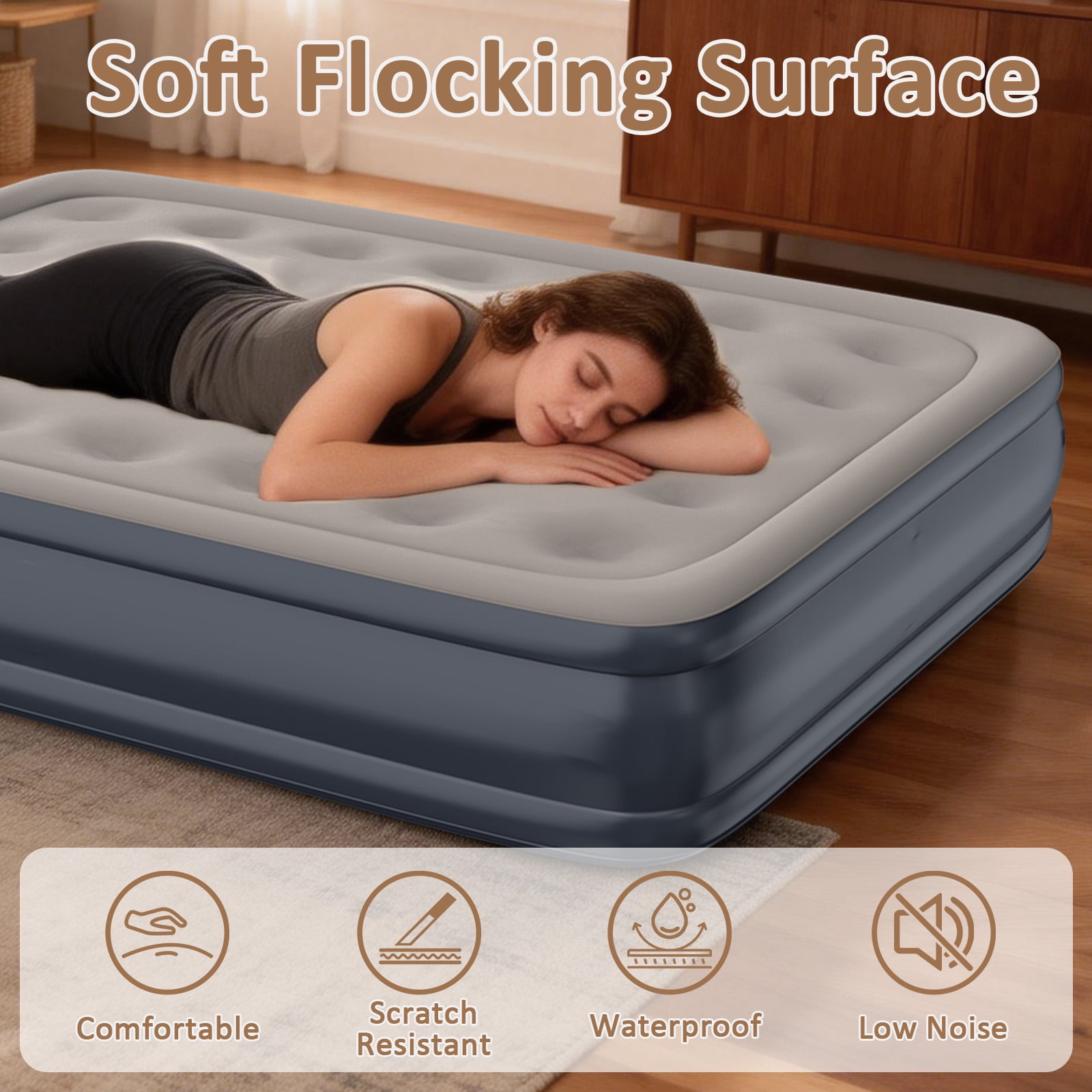 Air Mattress with Pillow, Queen Inflatable Mattress with Built-in Pump, Elevated Inflatable Bed with Pillow, for Camping, Guests and Home, 660lbs Max, Gray
