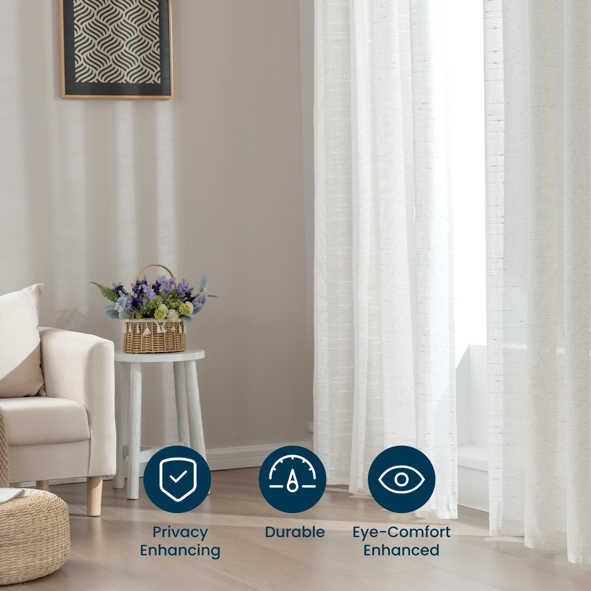 Sleep Zone Striped Jacquard Linen Sheer Curtains, Semi-Sheer Window Curtain Panels Living Room, Semitransparent Soft Privacy Drapes 2 Panels, 52" x 84" Beige