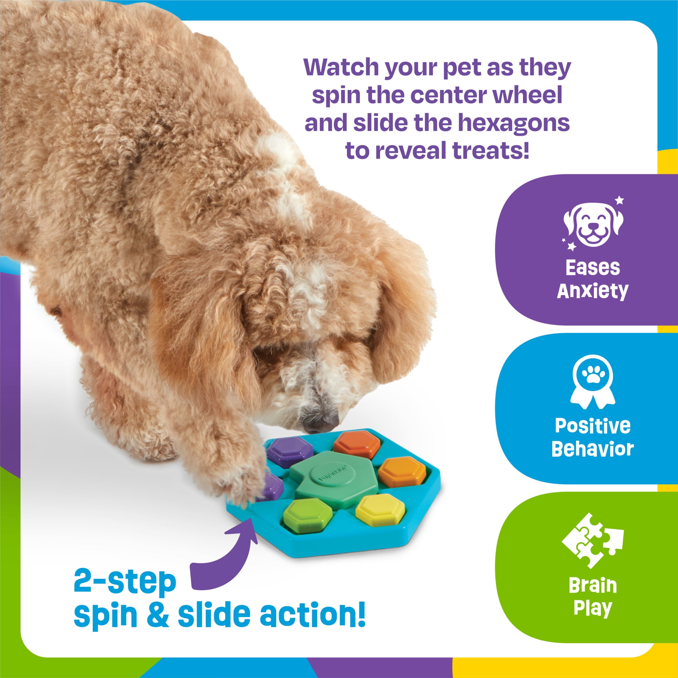 Brightkins  Spin & Seek Hexagon Treat Puzzle, Enrichment Slow Feeder Bowls, Interactive Dog Toys