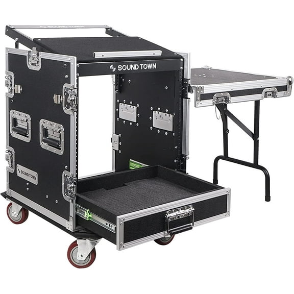 Sound Town 12U PA DJ Pro Audio Rack/Road ATA Case with 2U Drawer, 11U Slant Mixer Top, DJ Work Table, Casters, Pro Tour Grade (MR-DR12UT)